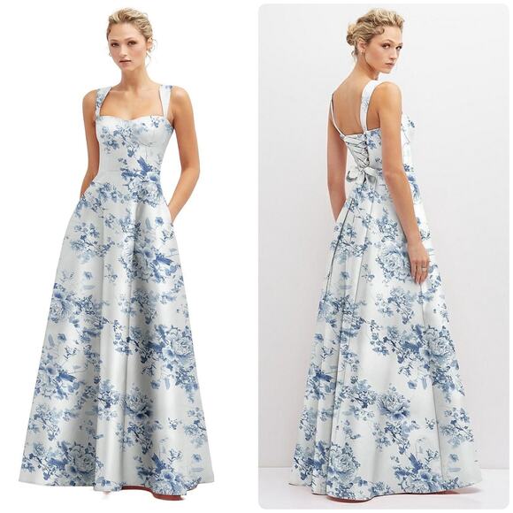 Alfred Sung Floral Lace-Up Back Bustier Satin Dress Size 4 - Picture 1 of 7